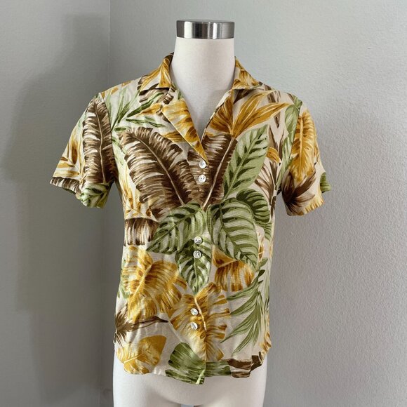 Tommy Bahama Womens Small 100% Silk Tropical Leaf Print Blouse Shirt Hawaiian - Picture 1 of 9